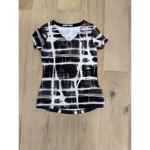 Nike Pro Women's L Training Top Brown White Abstract V Neck Short Sleeve